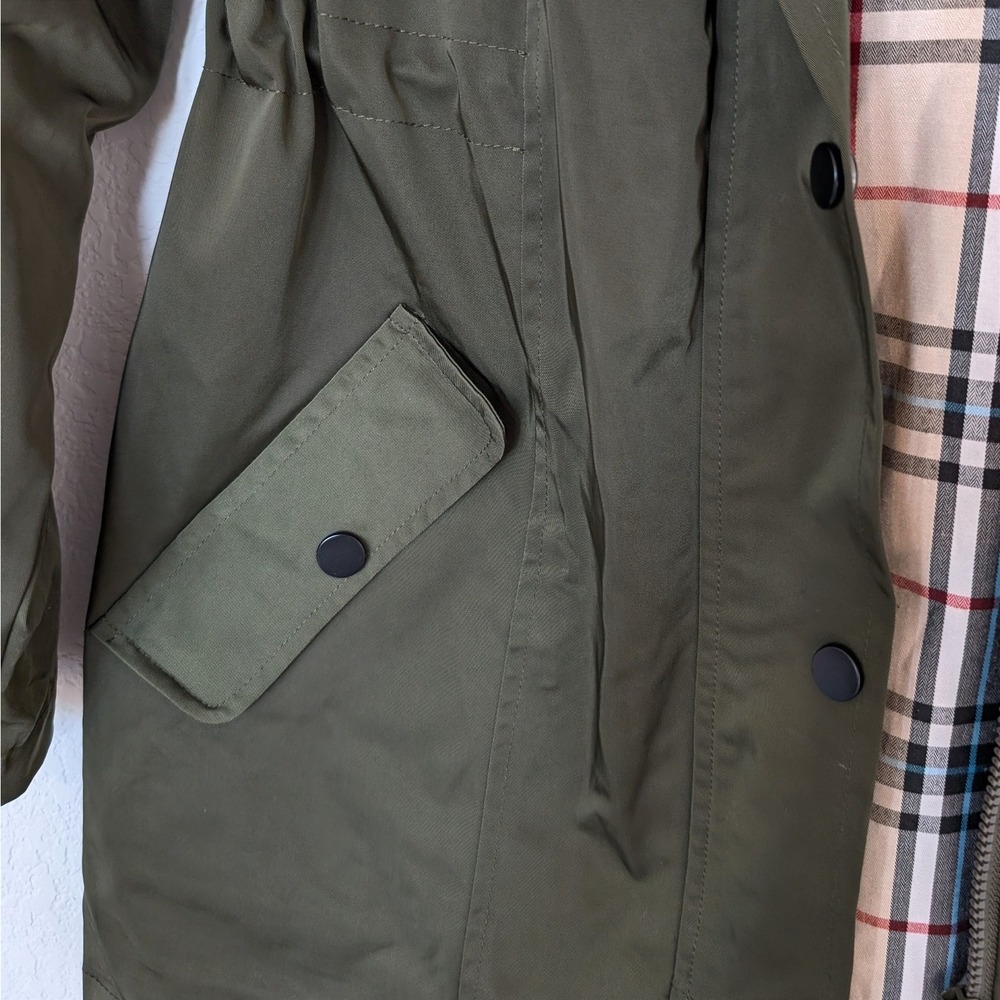 Saphirose Long Anorak Jacket Plaid Lined Olive Green Size‎ S - Picture 9 of 9